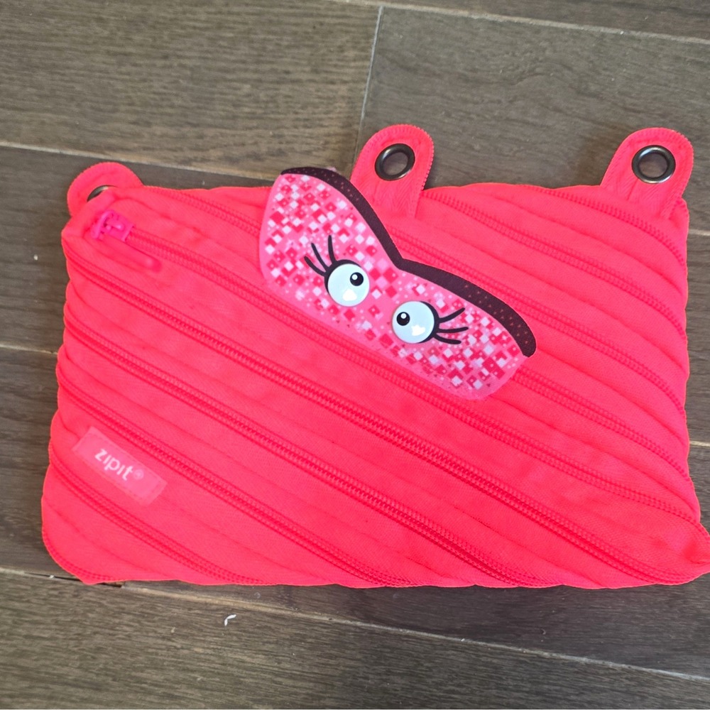 Bright Pink Plastic Zippered Pencil Case Pouch with Cartoon Eyes Design